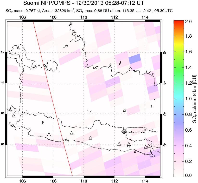 A sulfur dioxide image over Java, Indonesia on Dec 30, 2013.