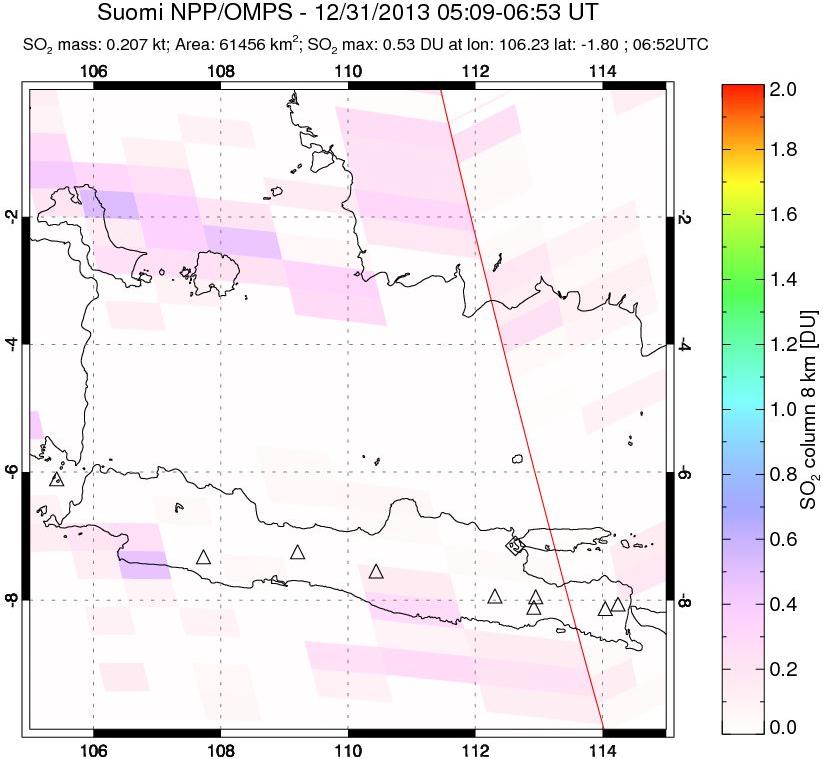 A sulfur dioxide image over Java, Indonesia on Dec 31, 2013.