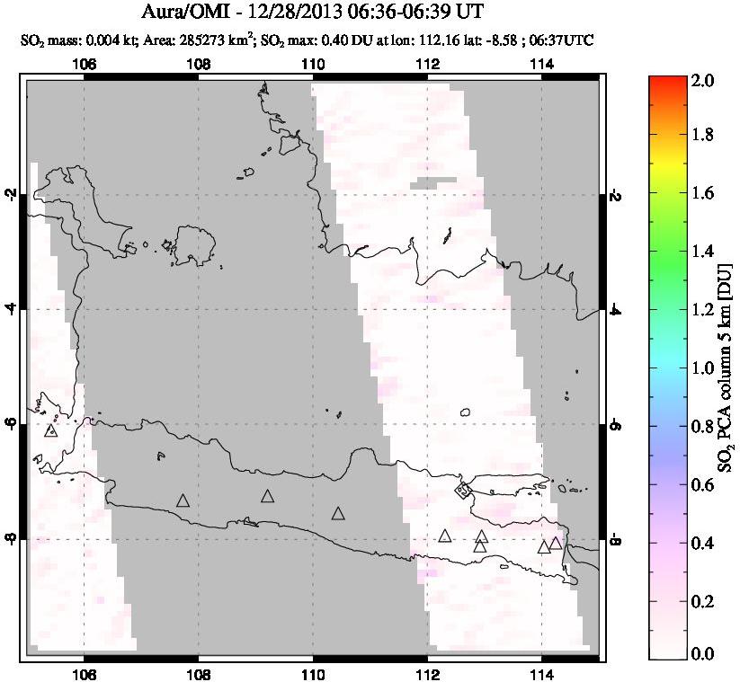 A sulfur dioxide image over Java, Indonesia on Dec 28, 2013.