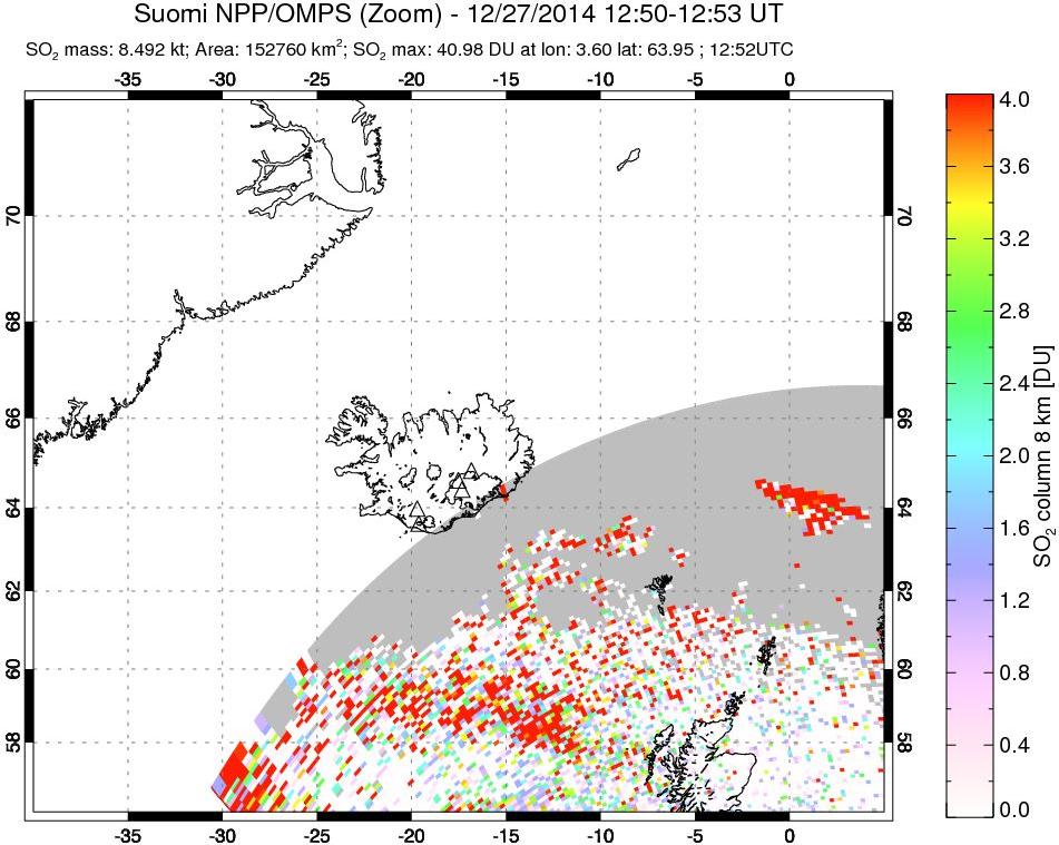 A sulfur dioxide image over Iceland on Dec 27, 2014.