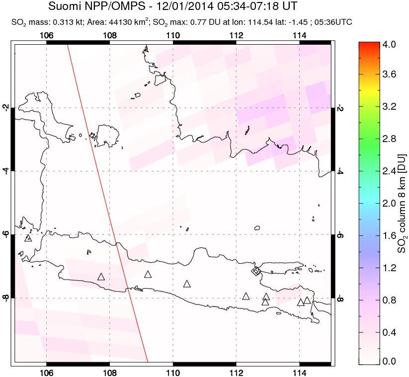 A sulfur dioxide image over Java, Indonesia on Dec 01, 2014.
