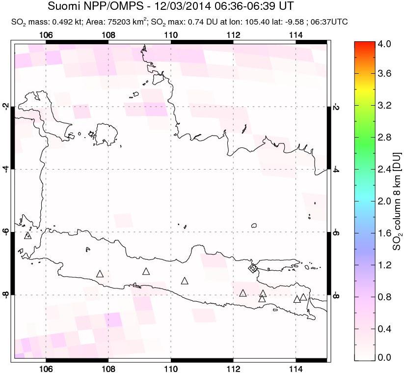 A sulfur dioxide image over Java, Indonesia on Dec 03, 2014.