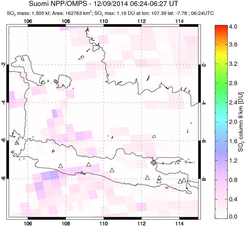 A sulfur dioxide image over Java, Indonesia on Dec 09, 2014.