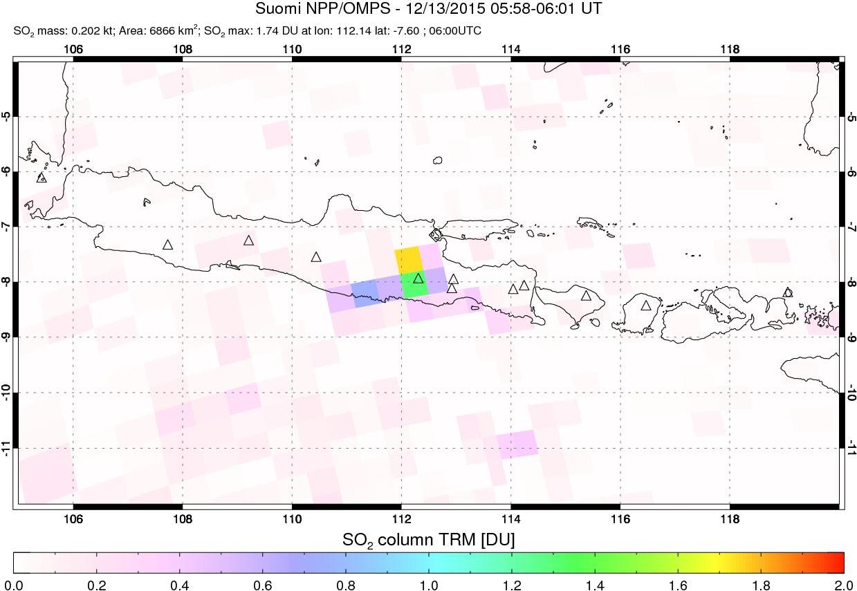 A sulfur dioxide image over Java, Indonesia on Dec 13, 2015.