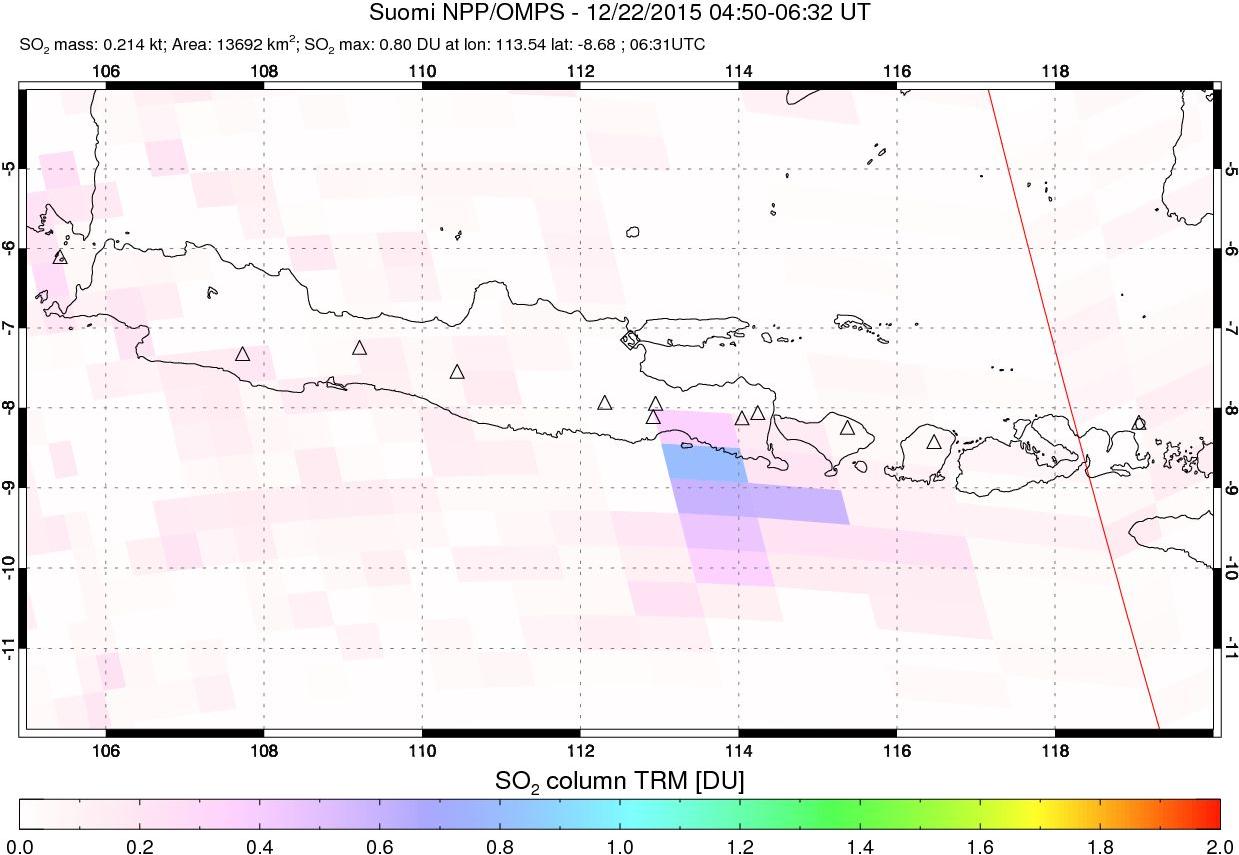 A sulfur dioxide image over Java, Indonesia on Dec 22, 2015.