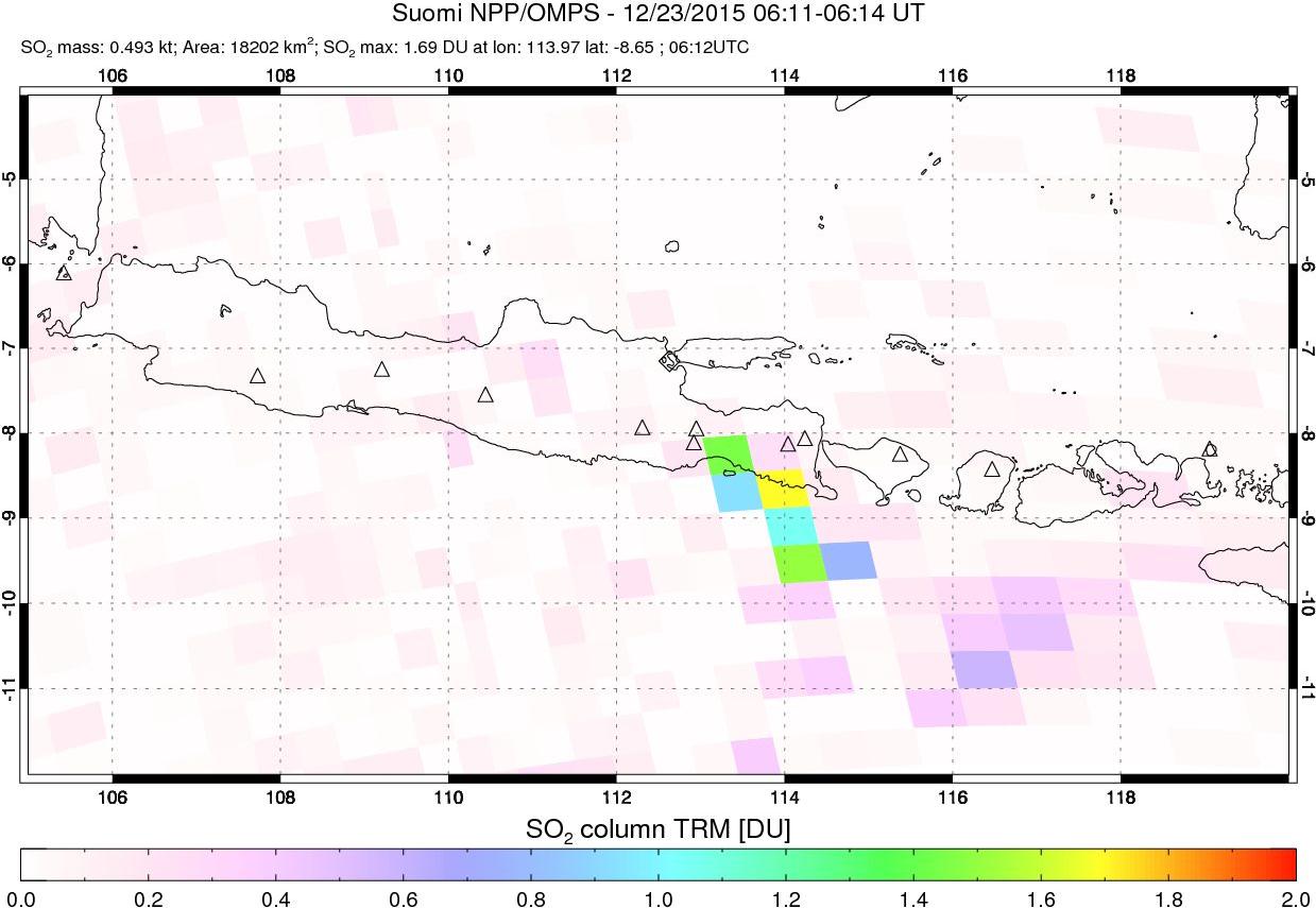 A sulfur dioxide image over Java, Indonesia on Dec 23, 2015.