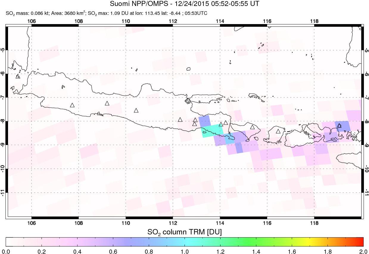 A sulfur dioxide image over Java, Indonesia on Dec 24, 2015.