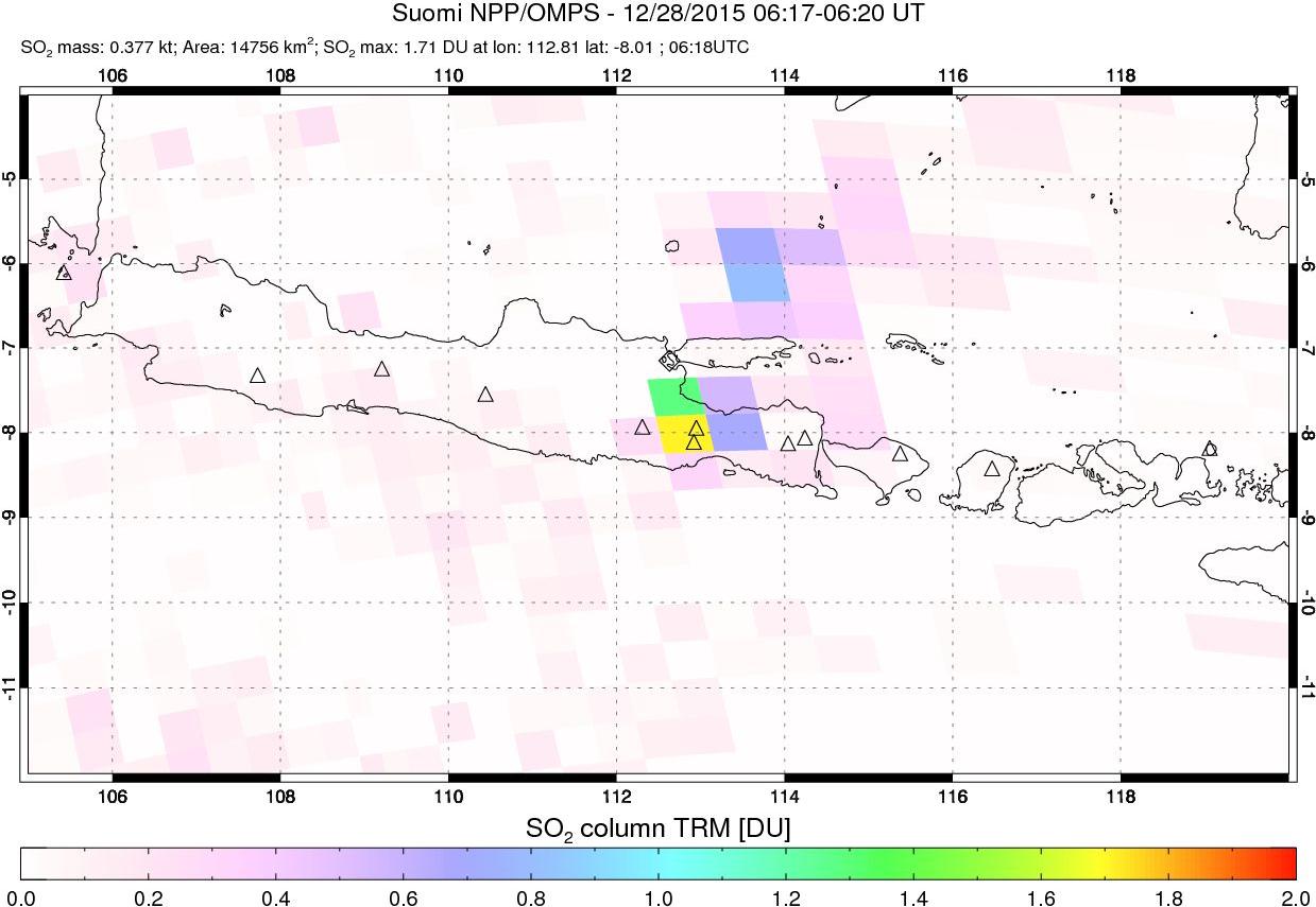 A sulfur dioxide image over Java, Indonesia on Dec 28, 2015.