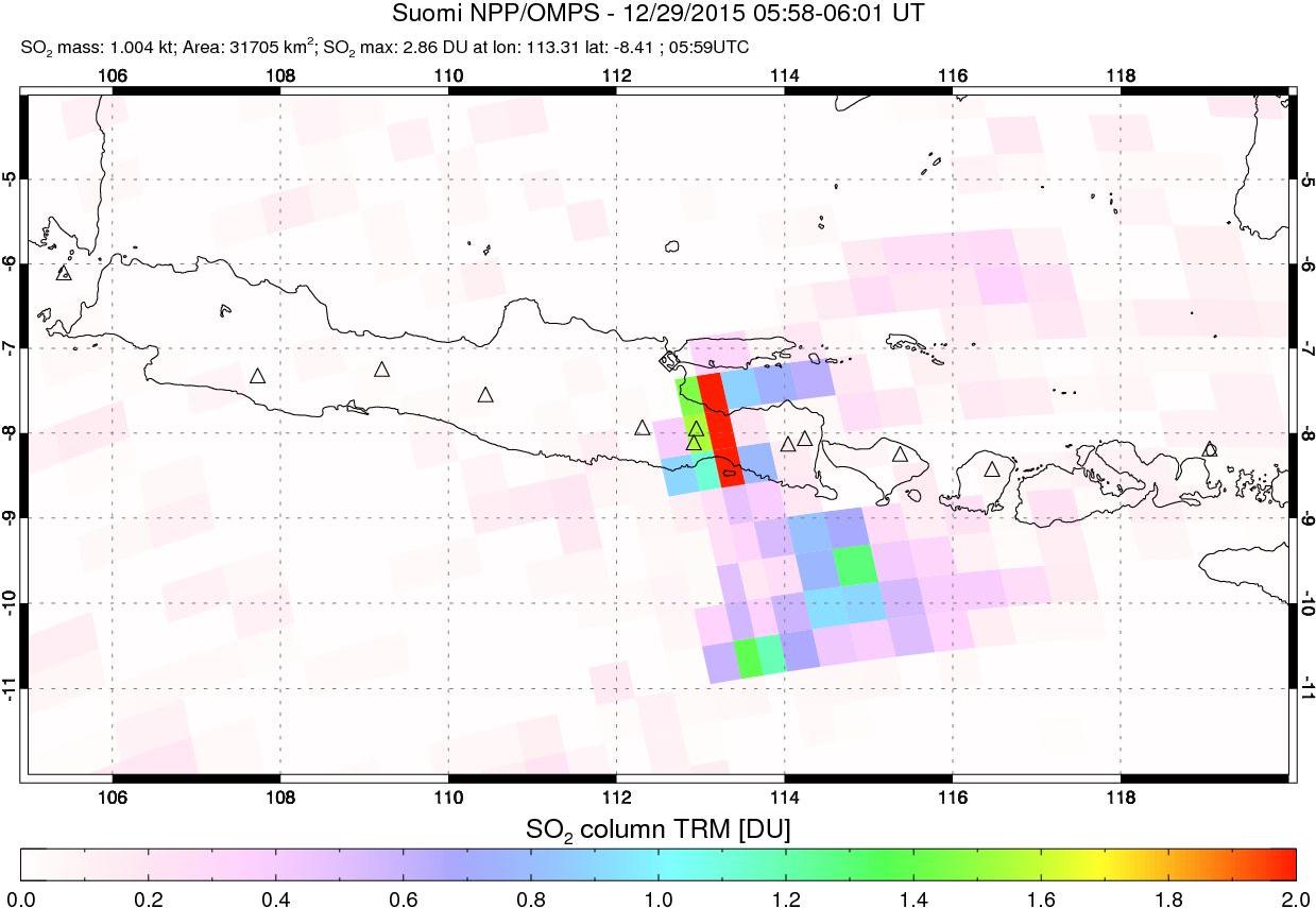 A sulfur dioxide image over Java, Indonesia on Dec 29, 2015.