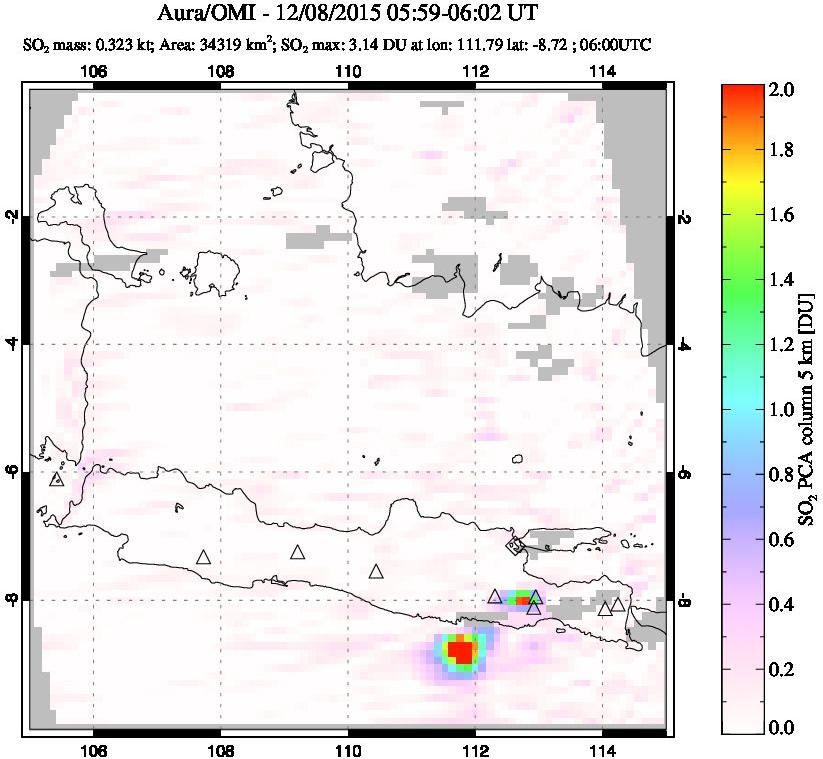 A sulfur dioxide image over Java, Indonesia on Dec 08, 2015.