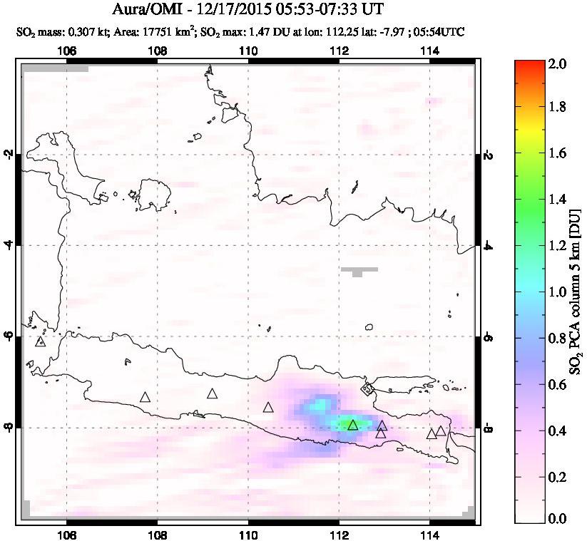 A sulfur dioxide image over Java, Indonesia on Dec 17, 2015.