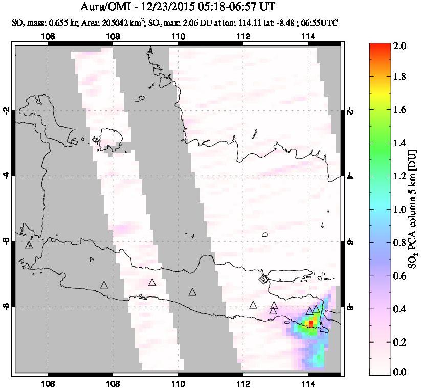 A sulfur dioxide image over Java, Indonesia on Dec 23, 2015.