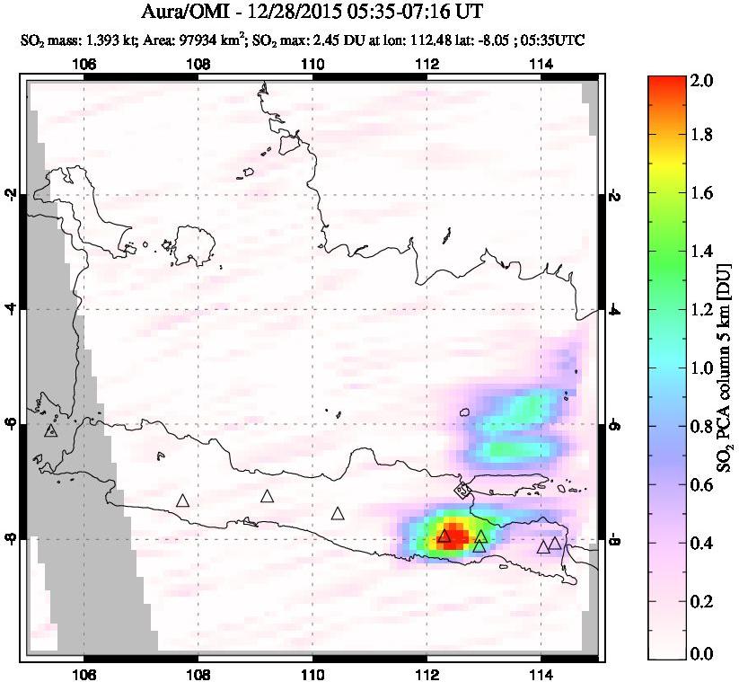A sulfur dioxide image over Java, Indonesia on Dec 28, 2015.