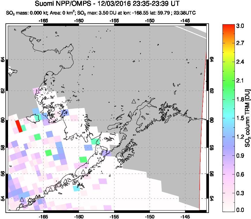 A sulfur dioxide image over Alaska, USA on Dec 03, 2016.