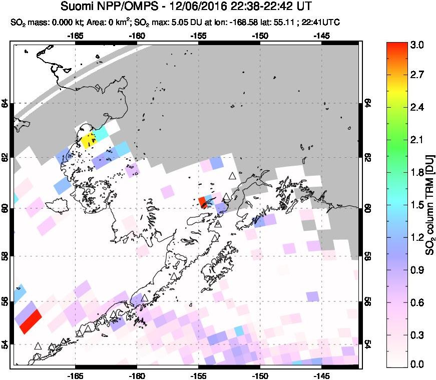 A sulfur dioxide image over Alaska, USA on Dec 06, 2016.