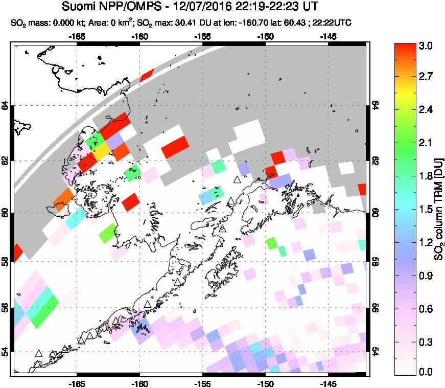 A sulfur dioxide image over Alaska, USA on Dec 07, 2016.