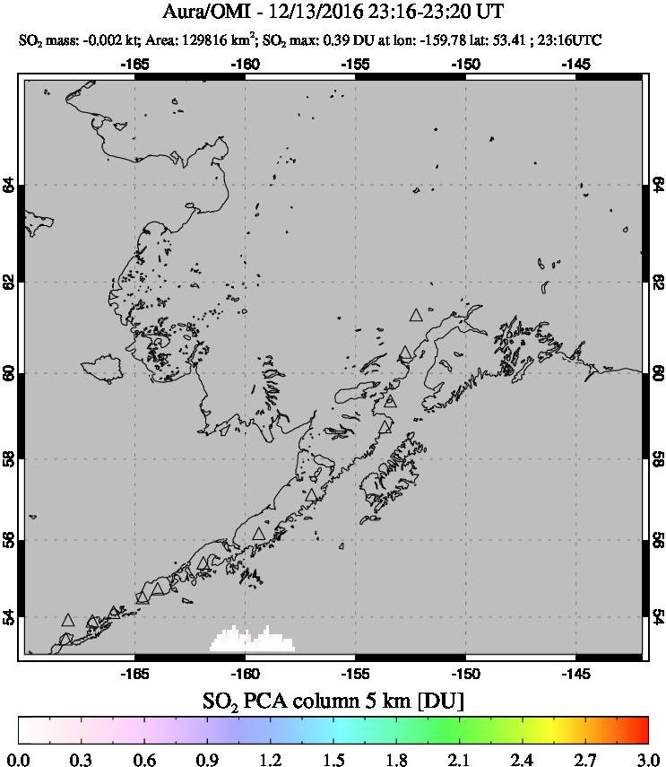 A sulfur dioxide image over Alaska, USA on Dec 13, 2016.
