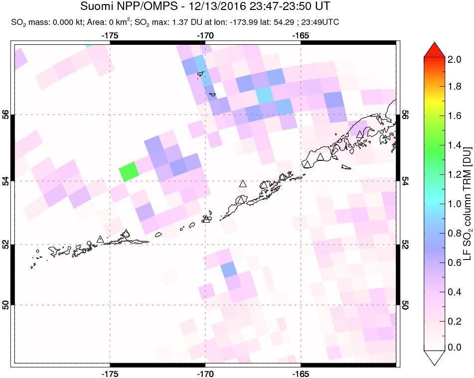 A sulfur dioxide image over Aleutian Islands, Alaska, USA on Dec 13, 2016.