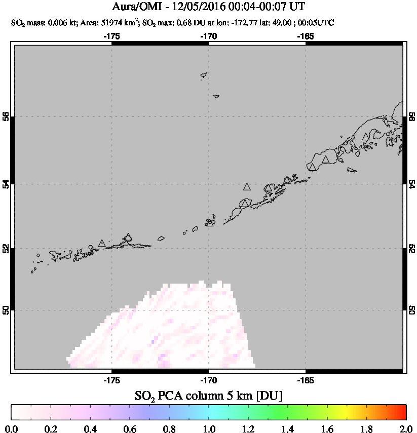 A sulfur dioxide image over Aleutian Islands, Alaska, USA on Dec 05, 2016.