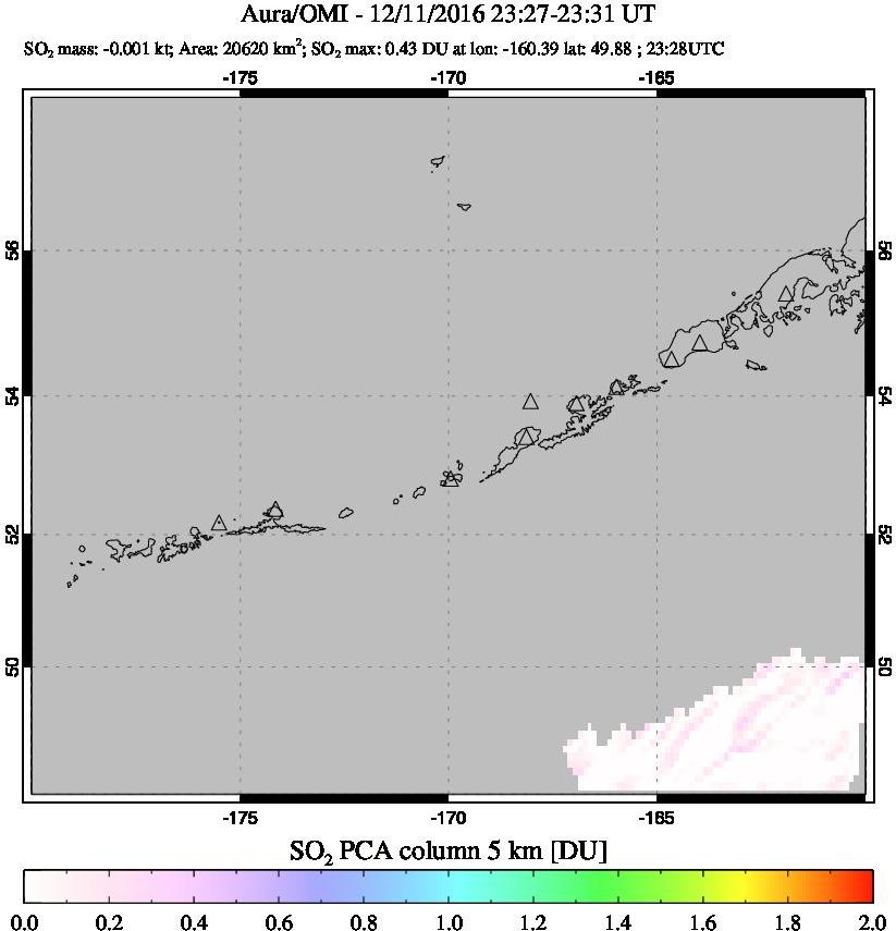 A sulfur dioxide image over Aleutian Islands, Alaska, USA on Dec 11, 2016.