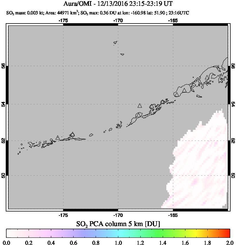 A sulfur dioxide image over Aleutian Islands, Alaska, USA on Dec 13, 2016.