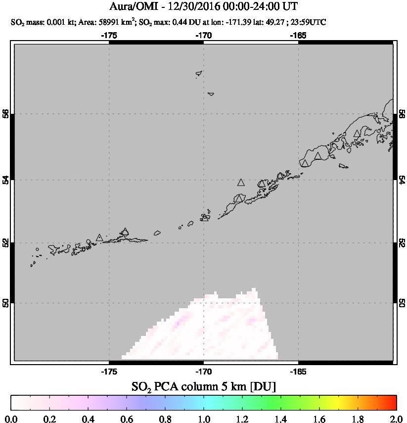 A sulfur dioxide image over Aleutian Islands, Alaska, USA on Dec 30, 2016.