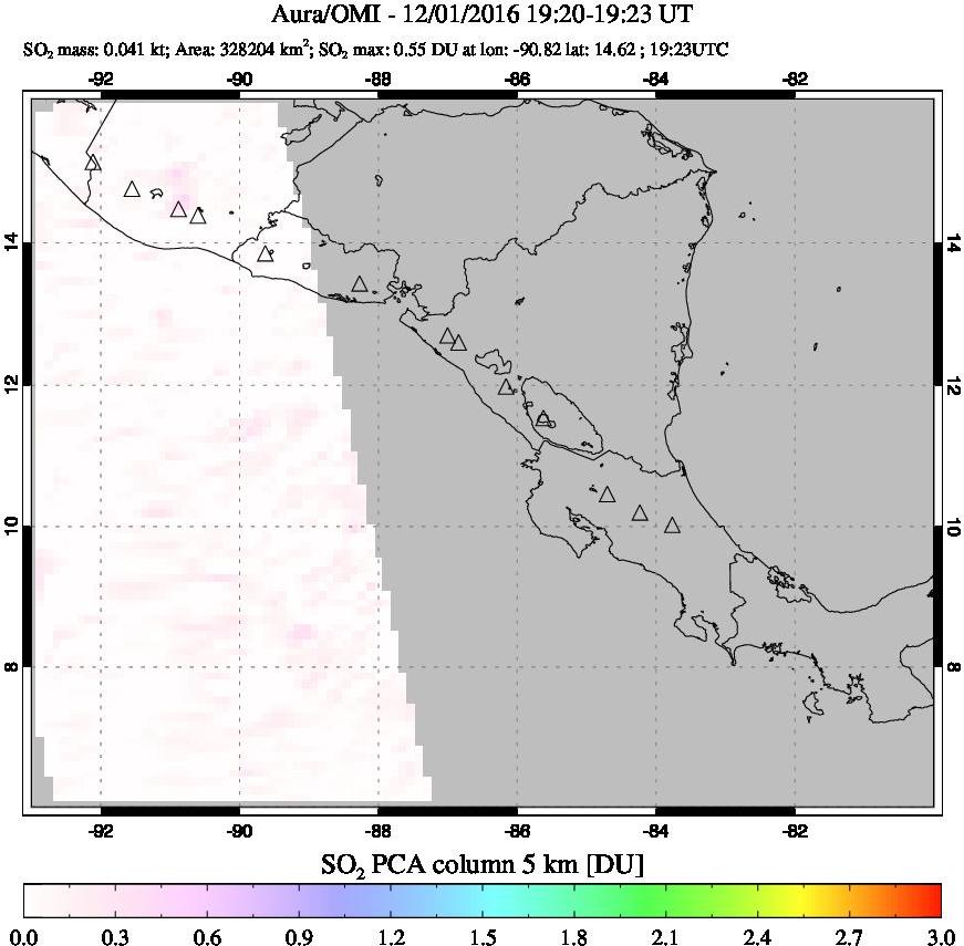 A sulfur dioxide image over Central America on Dec 01, 2016.