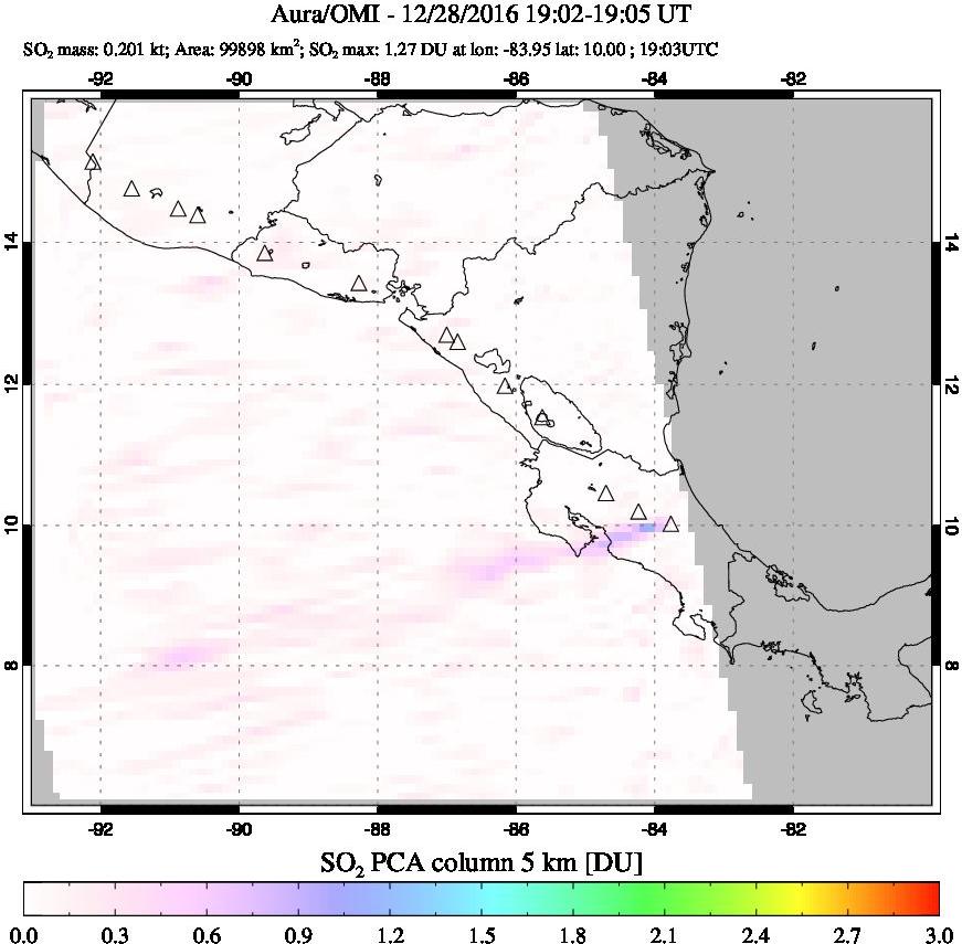 A sulfur dioxide image over Central America on Dec 28, 2016.