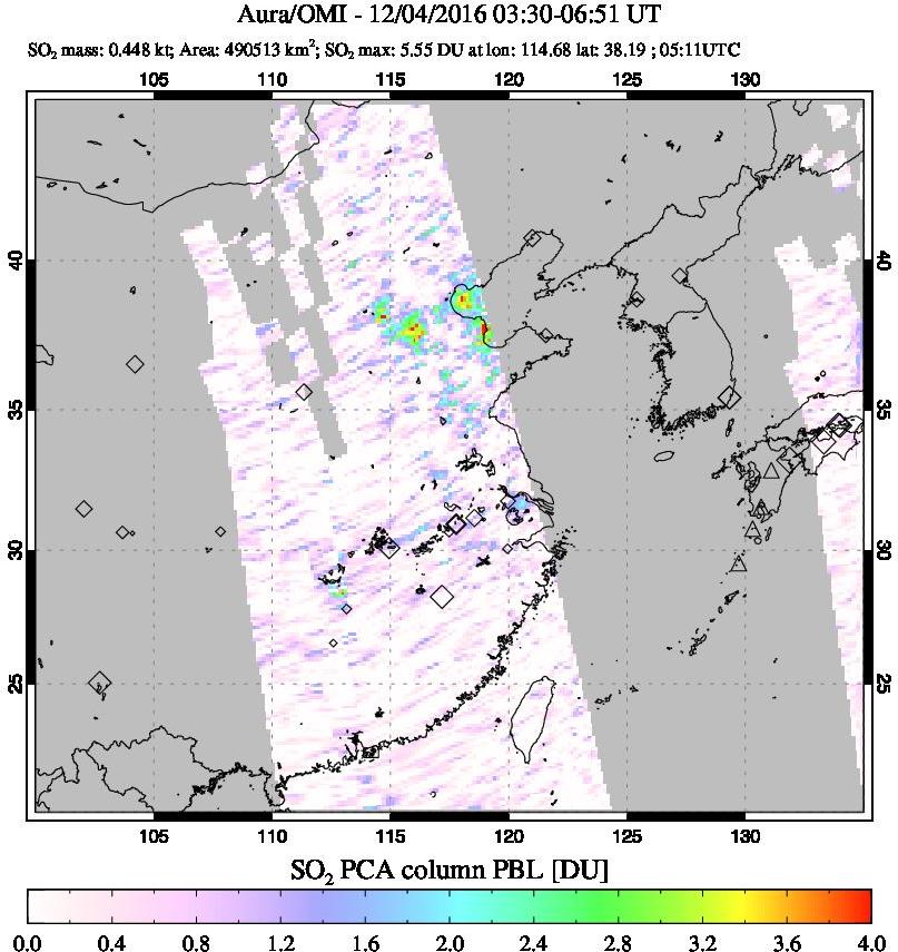 A sulfur dioxide image over Eastern China on Dec 04, 2016.