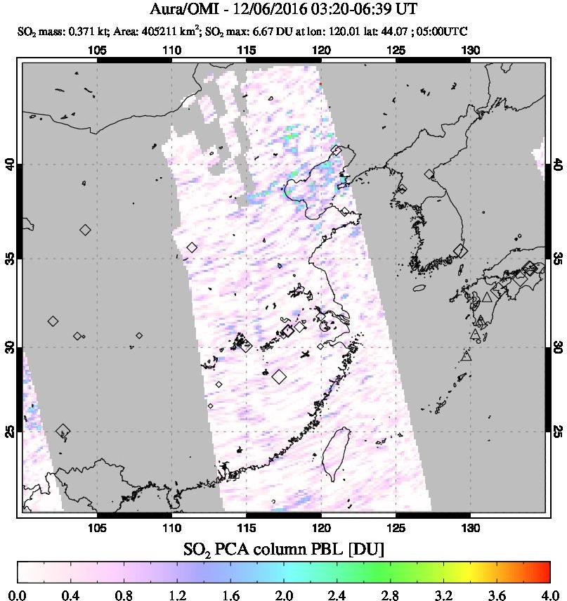 A sulfur dioxide image over Eastern China on Dec 06, 2016.