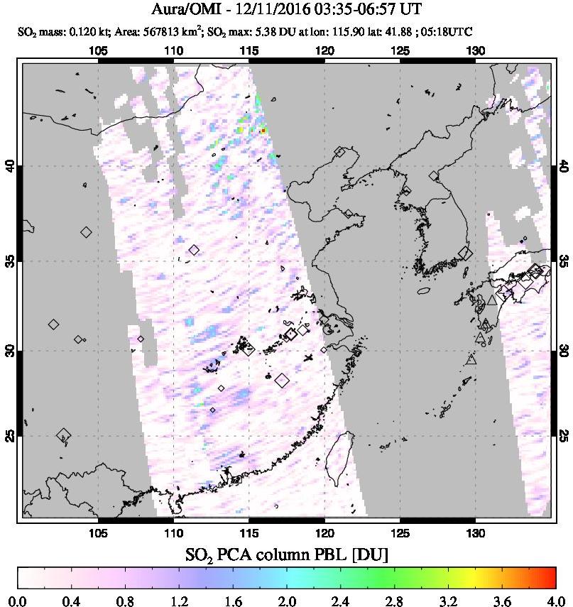 A sulfur dioxide image over Eastern China on Dec 11, 2016.