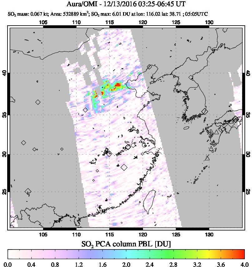 A sulfur dioxide image over Eastern China on Dec 13, 2016.