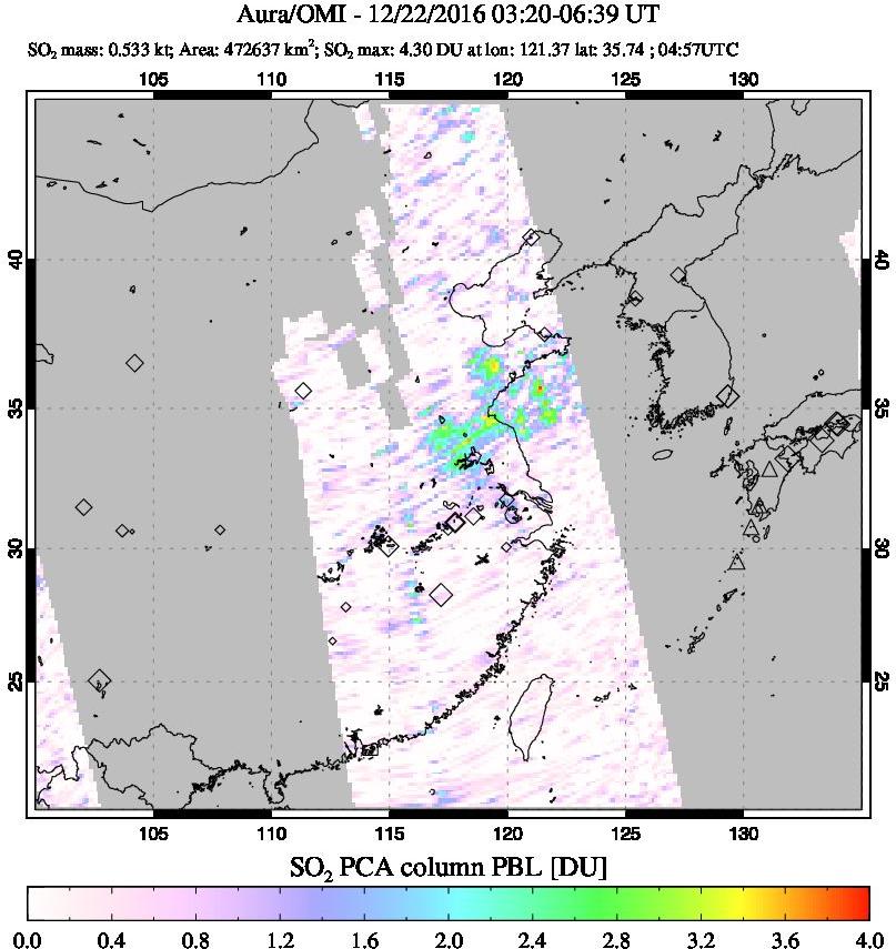 A sulfur dioxide image over Eastern China on Dec 22, 2016.