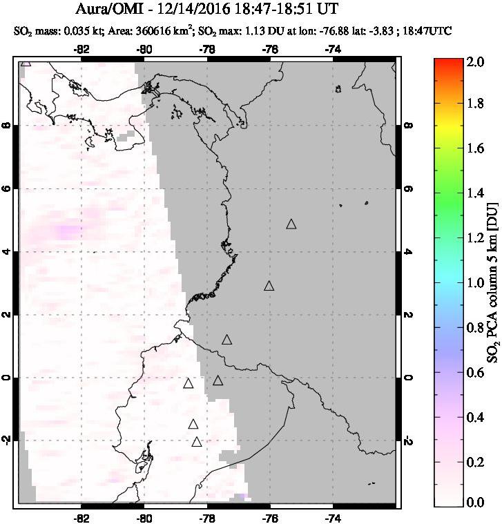 A sulfur dioxide image over Ecuador on Dec 14, 2016.