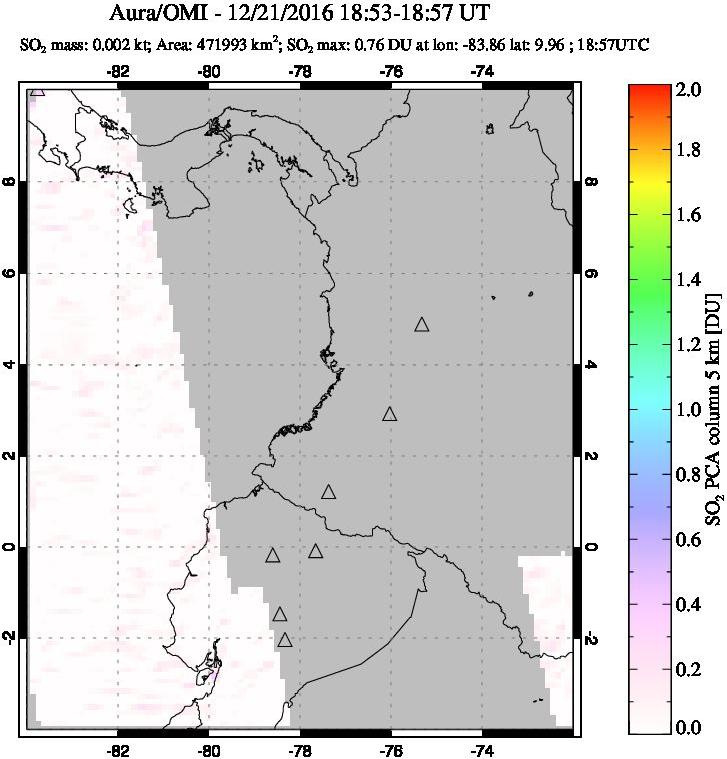 A sulfur dioxide image over Ecuador on Dec 21, 2016.