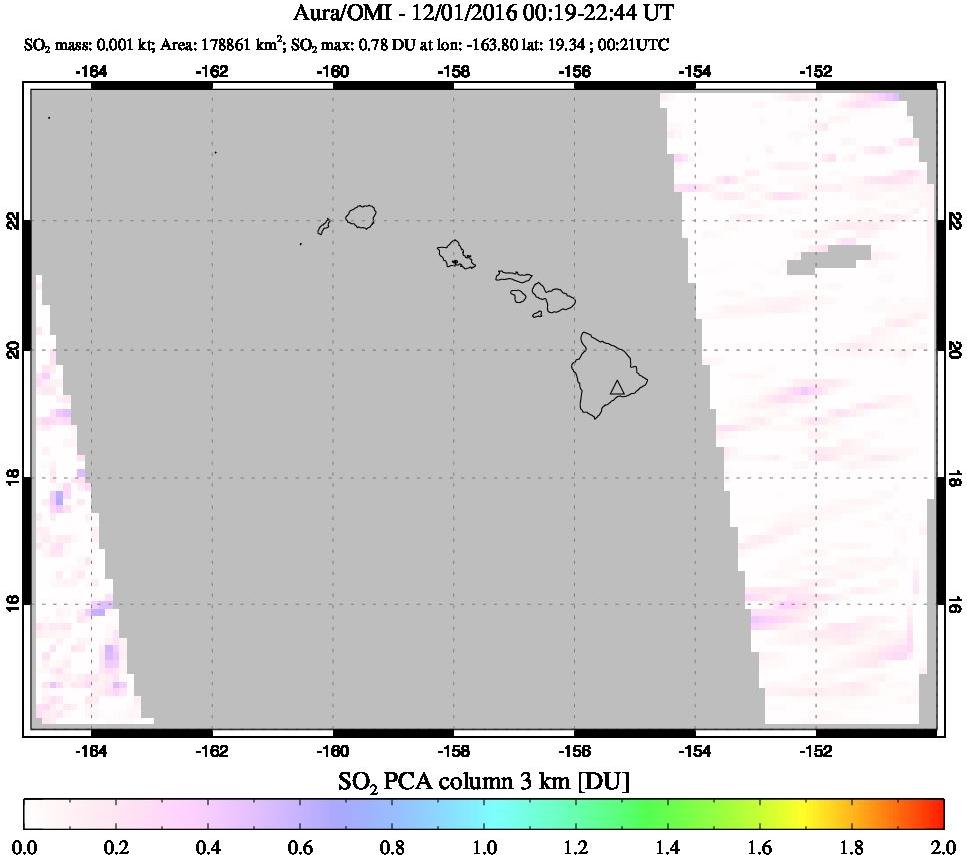 A sulfur dioxide image over Hawaii, USA on Dec 01, 2016.