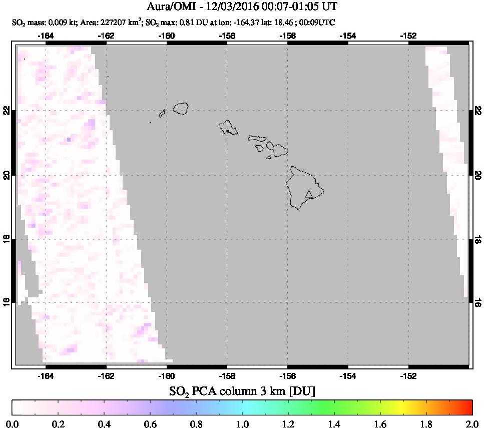 A sulfur dioxide image over Hawaii, USA on Dec 03, 2016.