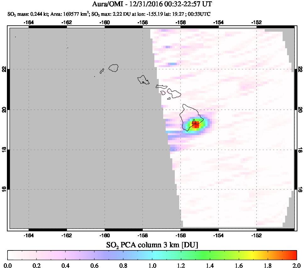 A sulfur dioxide image over Hawaii, USA on Dec 31, 2016.