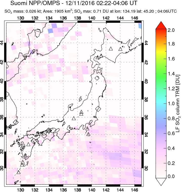 A sulfur dioxide image over Japan on Dec 11, 2016.