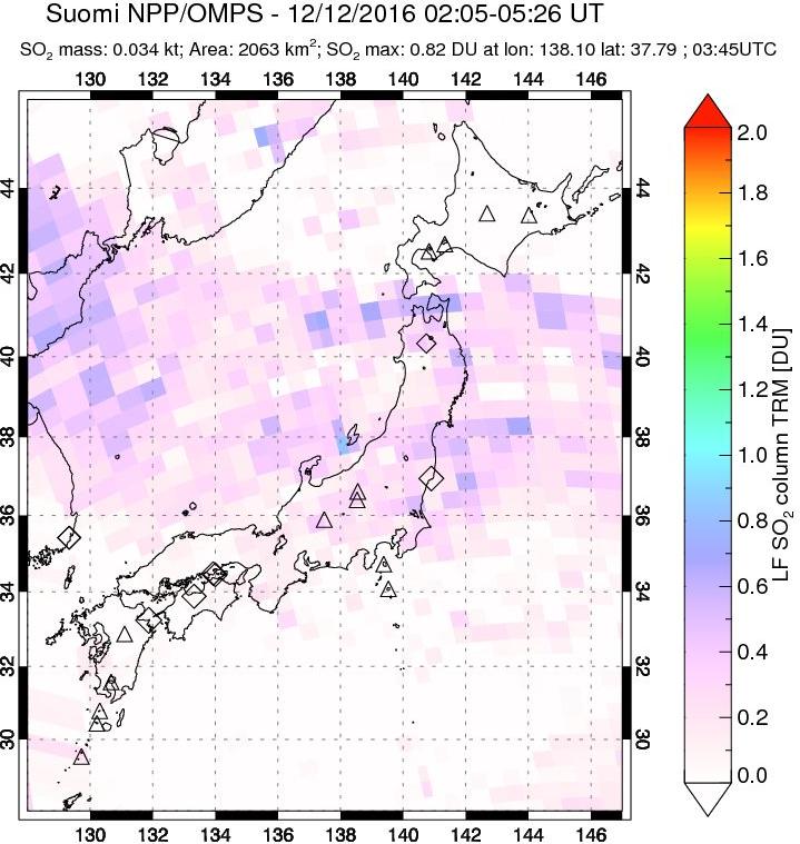A sulfur dioxide image over Japan on Dec 12, 2016.