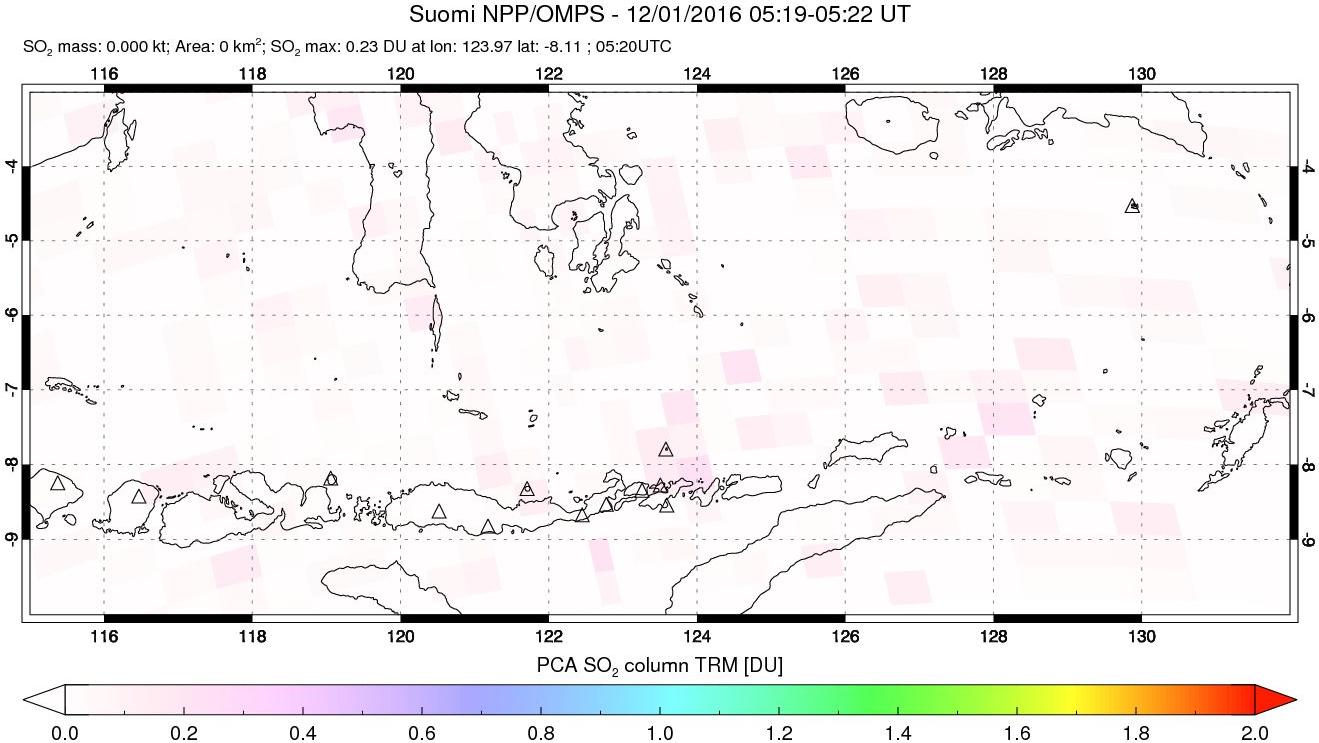 A sulfur dioxide image over Lesser Sunda Islands, Indonesia on Dec 01, 2016.