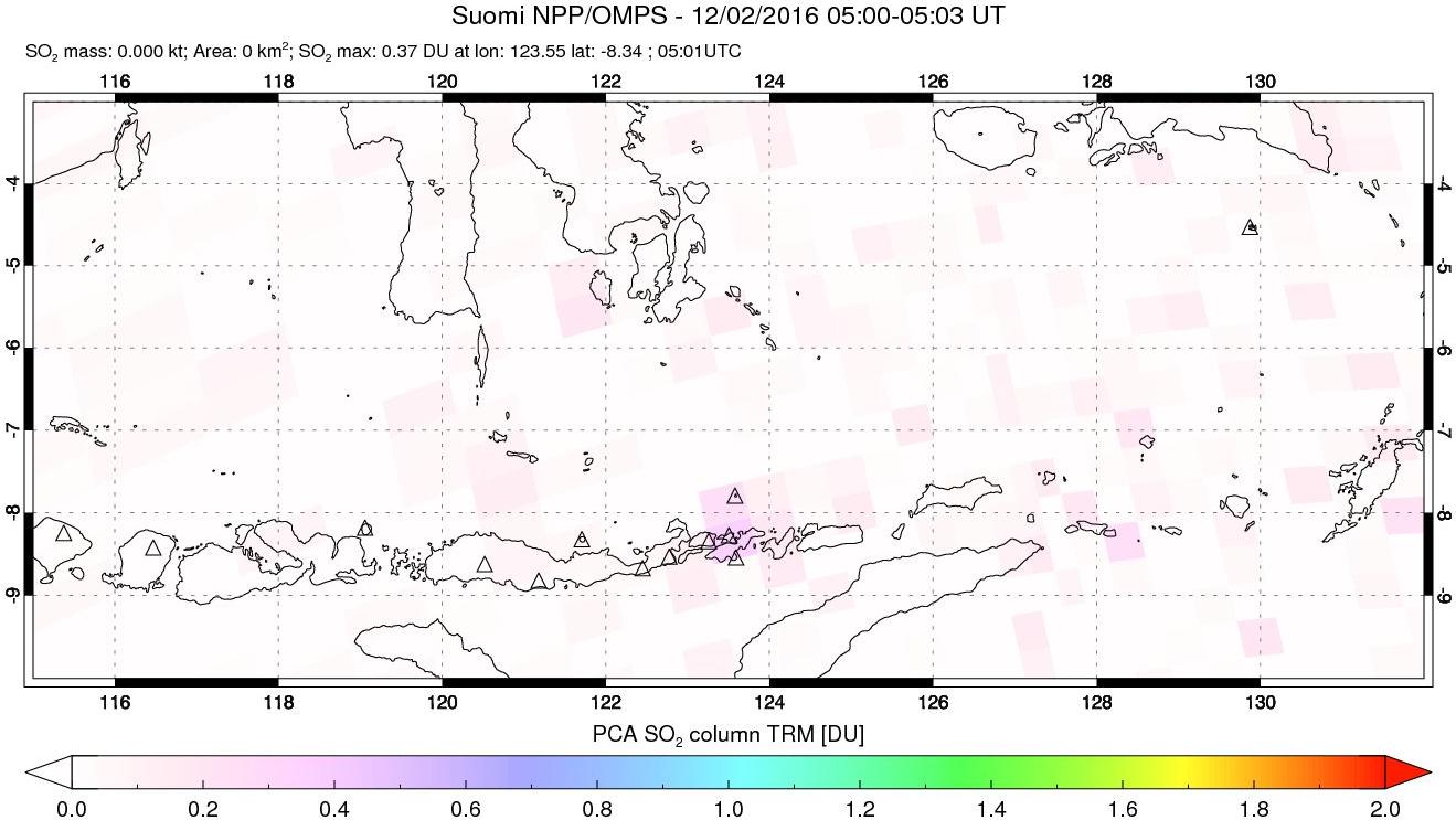 A sulfur dioxide image over Lesser Sunda Islands, Indonesia on Dec 02, 2016.