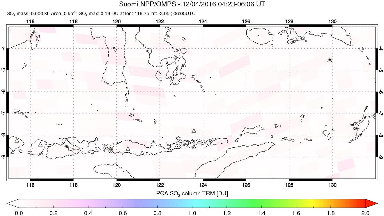 A sulfur dioxide image over Lesser Sunda Islands, Indonesia on Dec 04, 2016.