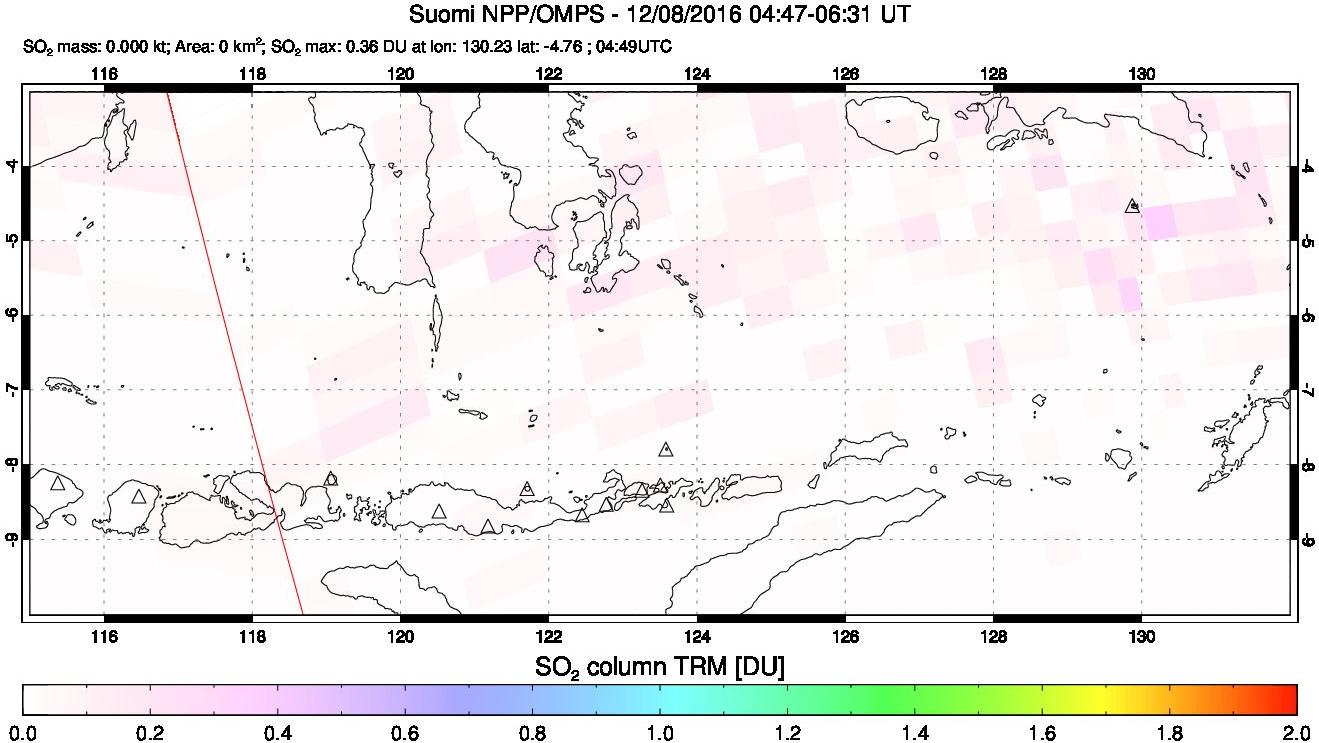 A sulfur dioxide image over Lesser Sunda Islands, Indonesia on Dec 08, 2016.