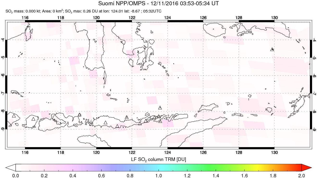 A sulfur dioxide image over Lesser Sunda Islands, Indonesia on Dec 11, 2016.