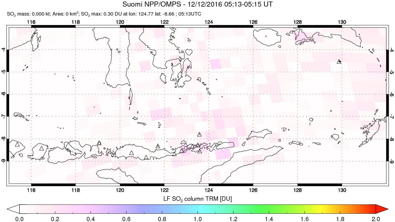 A sulfur dioxide image over Lesser Sunda Islands, Indonesia on Dec 12, 2016.