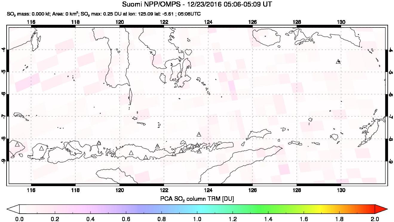 A sulfur dioxide image over Lesser Sunda Islands, Indonesia on Dec 23, 2016.