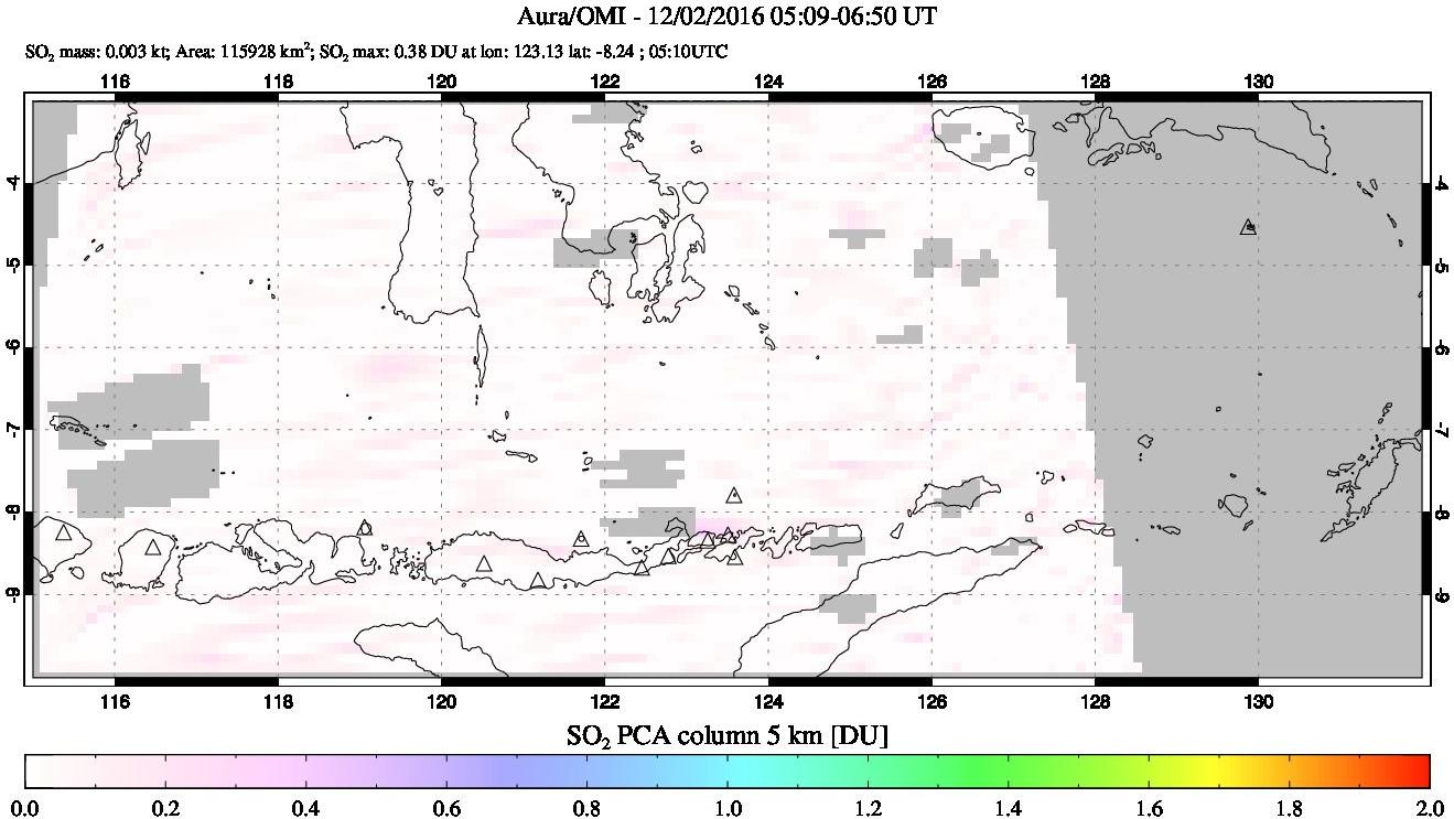 A sulfur dioxide image over Lesser Sunda Islands, Indonesia on Dec 02, 2016.