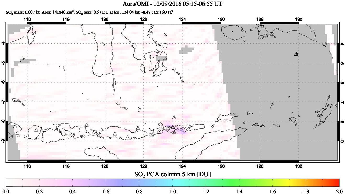 A sulfur dioxide image over Lesser Sunda Islands, Indonesia on Dec 09, 2016.