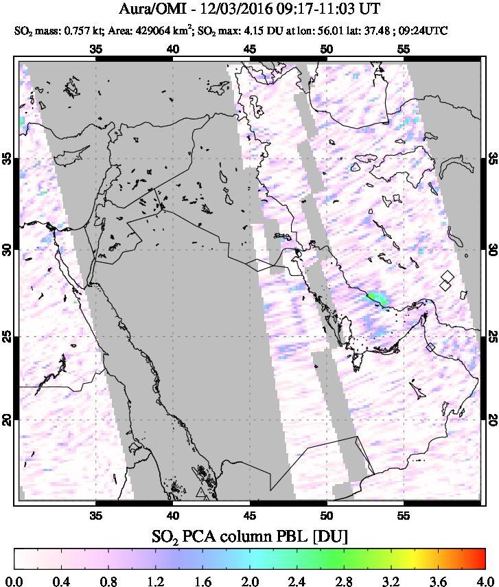 A sulfur dioxide image over Middle East on Dec 03, 2016.